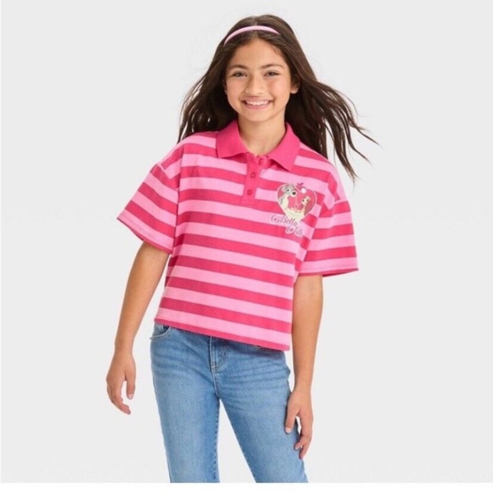 Disney nwt Lady & The Tramp Cropped Polo Graphic T-Shirt Pink Valentine’s Day